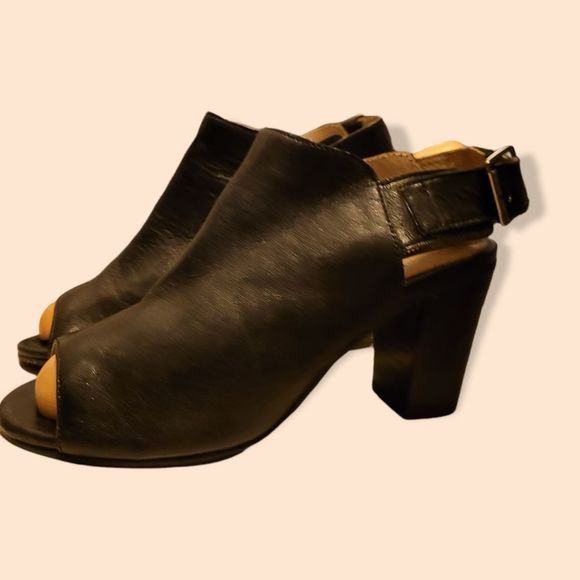 8.5 black genuine leather slingback boho chunky sandal heels - Picture 7 of 8